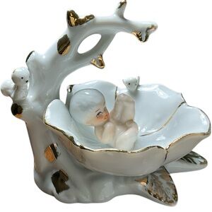 Vintage Italian Porcelain Baby in Flower Figurine Gilt Nursery Decor Bomboniere